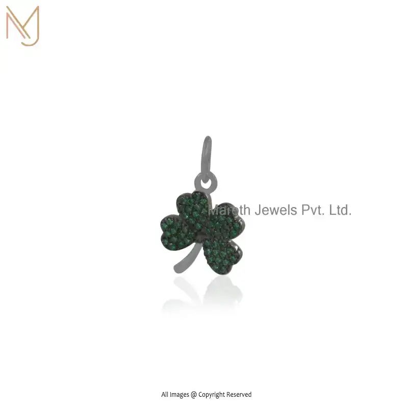 Private Lable 925 Silver White Gold Plated Lucky Emerald Four Leaf Clover Charm Pendant
