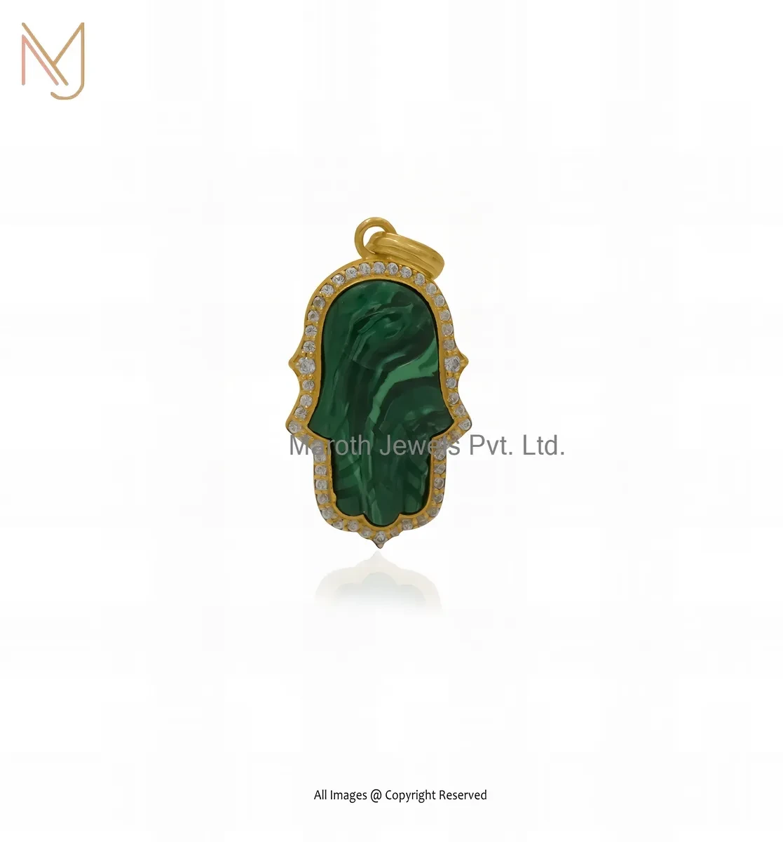 Private Lable 14K Yellow Gold Cubic Zircon & Malachite Hamsa Hand Charm Pendant