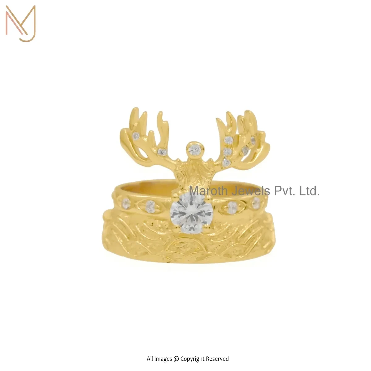 14K Yellow Gold Cubic Zircon Deer Antler Ring Manufacturer