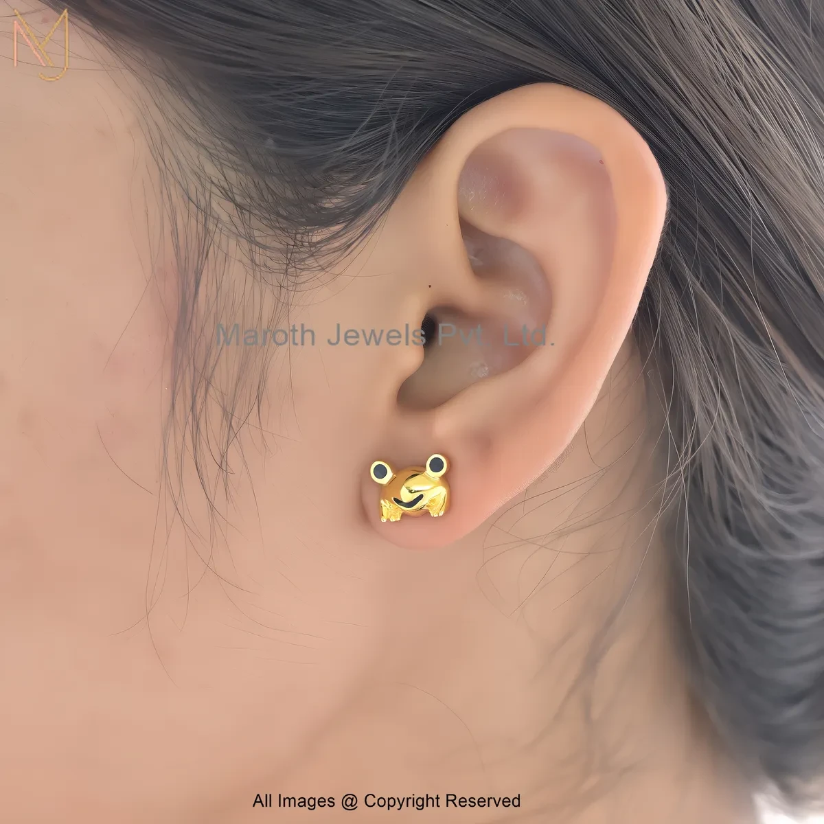 925 Silver Yellow Gold Plated Black Enamel Cute Frog Face Gold Stud Earrings Jewelry Supplier