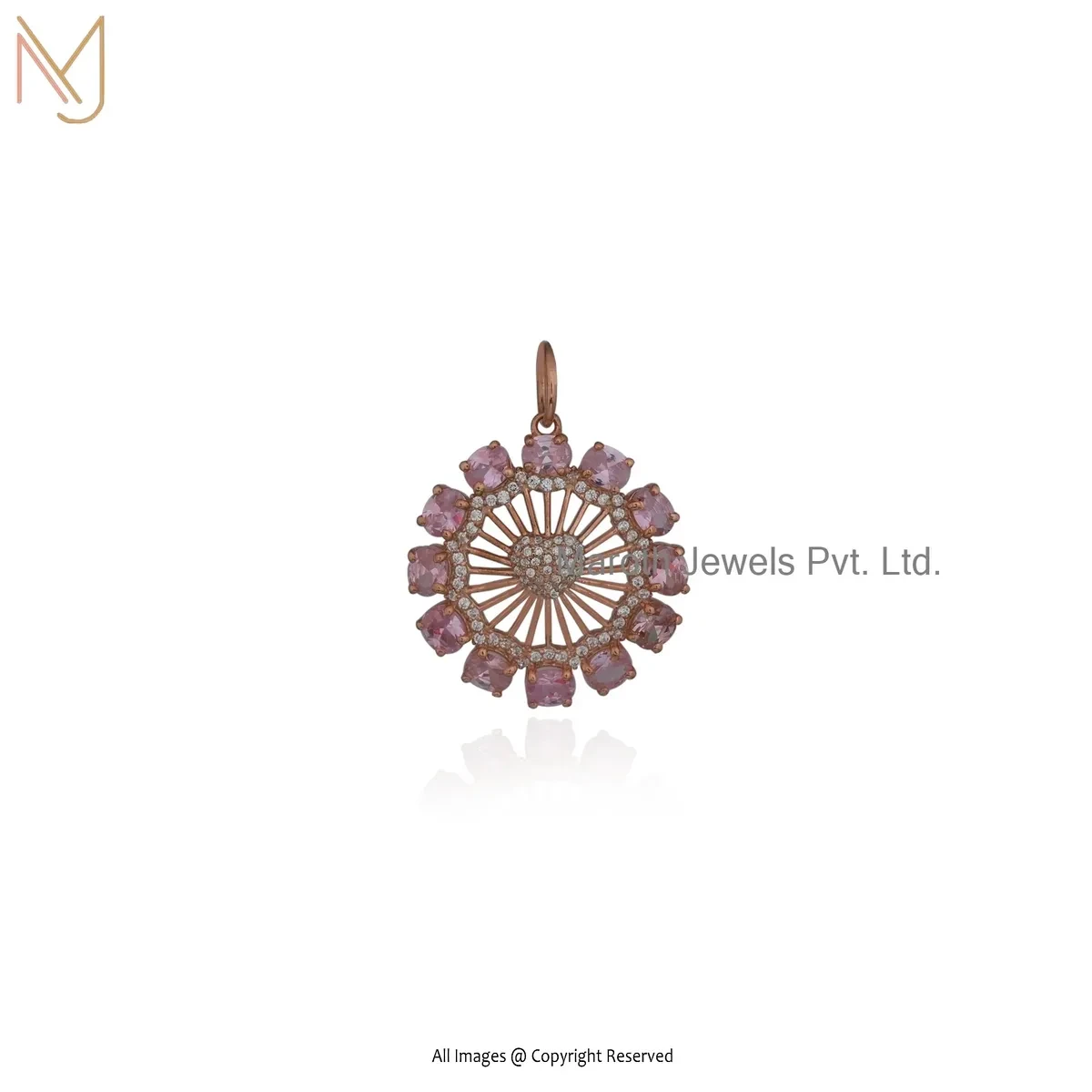 Wholesale 925 Silver Rose Gold Plated Cubic Zircon & Pink Sapphire Flower Charm Pendant
