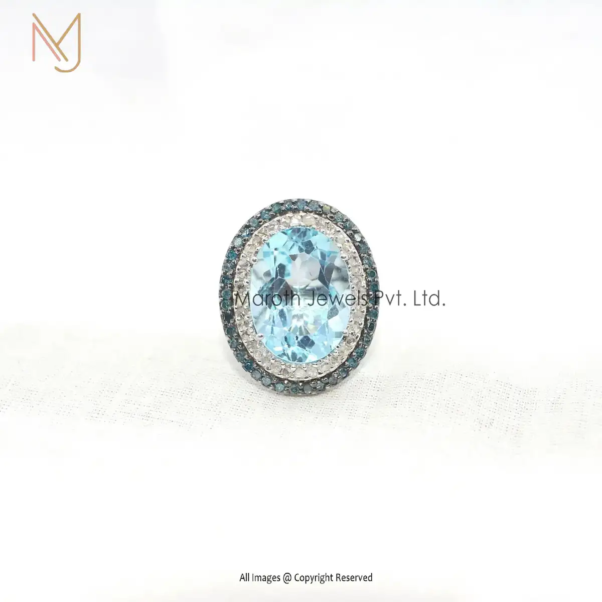 925 Silver Natural Silver Pave Diamond Sky Blue Tourmaline Ring Jewelry Manufacturer