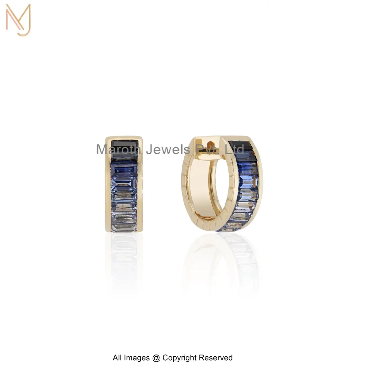 925 Silver Yellow Gold Plated Gemstone Baguette-Cut Huggies Hoop Earring Custom Jewelry