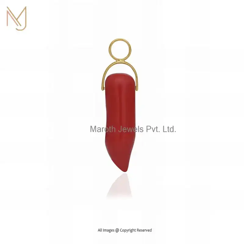 925 Sterling Silver Yellow Gold Plated Red Coral Horn Charm Pendant Custom Jewelry