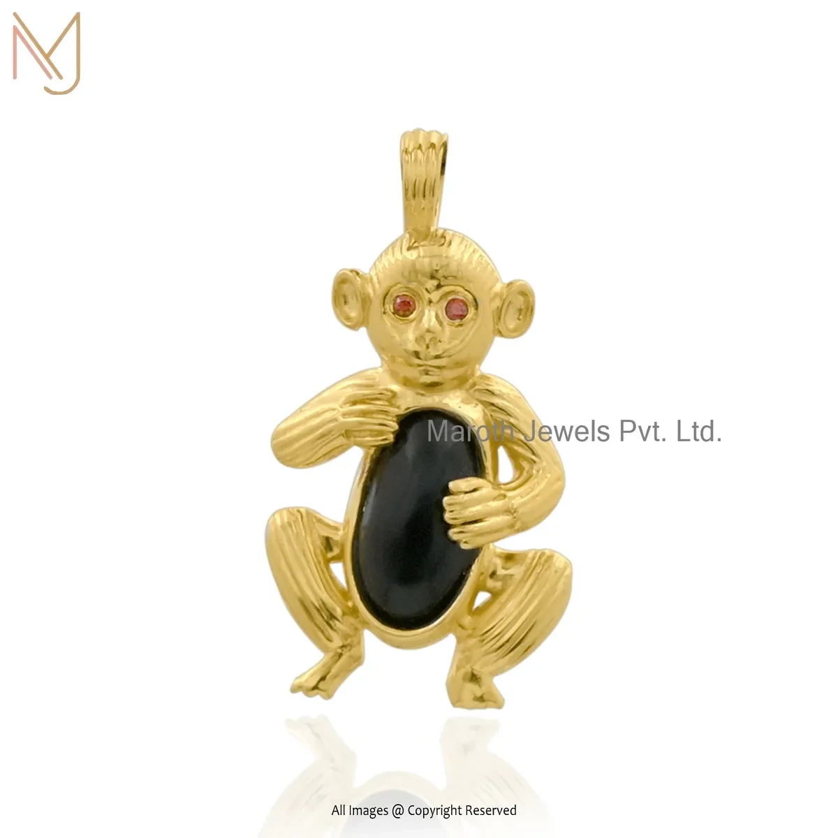 Private Lable 14K Yelllow Gold Garnet & Black Onyx Gemstone Monkey Pendant