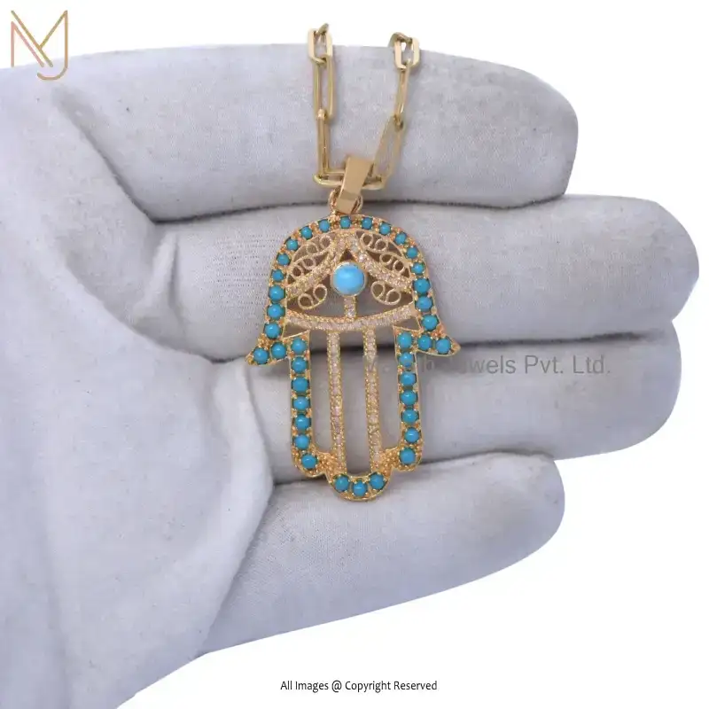 Private Lable 14K Yellow Gold Diamond And Turquoise Gemstone Hamsa Pendant Jewelry