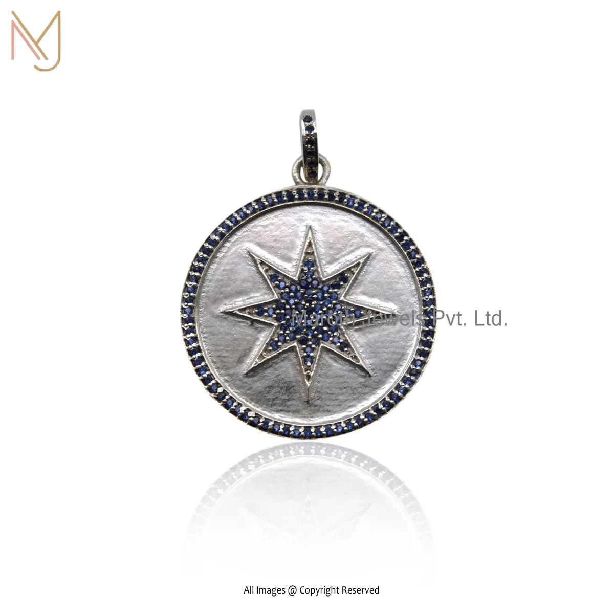 Wholesale 925 Silver White Gold Plated Blue Sapphire Star Disc Pendant