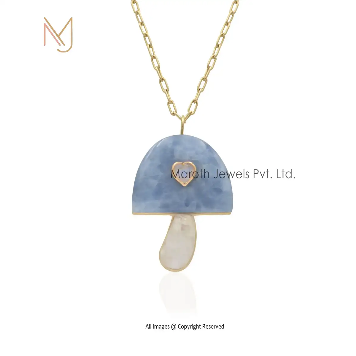 Private Label 14k Gold Blue Calcite Heart Moonstone Mushroom Pendant USA