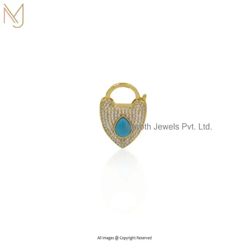 14K Yellow Gold Turquoise Padlock Heart Gemstone Pendant Jewelry Suppiler