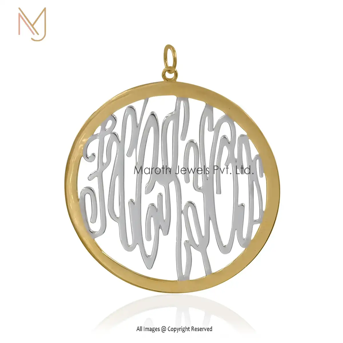 Private Lable 925 Silver Yellow Gold & Natural Silver Round Initial Disc Pendant Jewelry