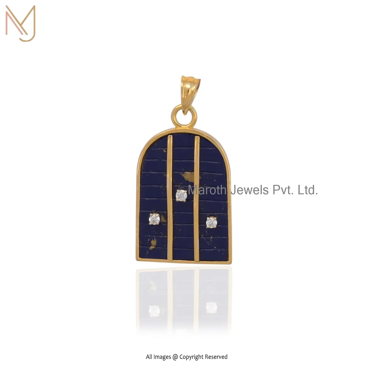 14K Yellow Gold Moissanite & Lapiz Lazuli Carved Gemstone Desginer Pendant Jewelry Supplier