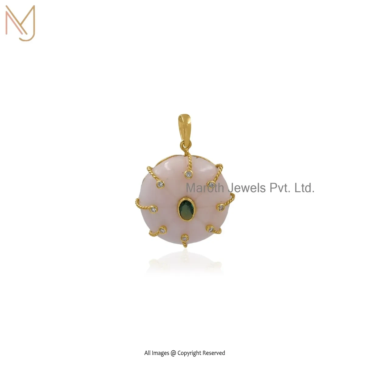 14K Yellow Gold Pink Opal And Emerald Gemstone Flower Pendant Manufacturer