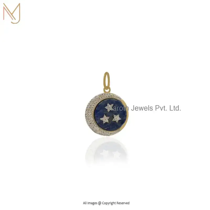 14K Yellow Gold Lapiz Lazuli Cubic Zircon Star Moon Charm Pendant Jewelry Supplier