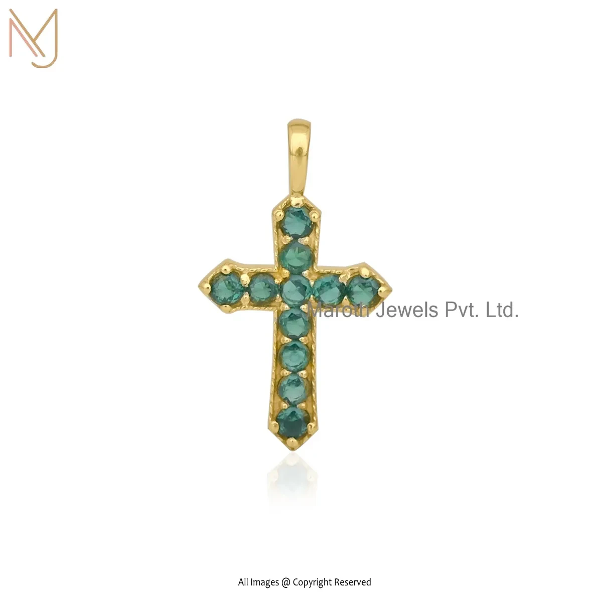 14K Yellow Gold Emerald Gemstone Cross Pendant Custom Jewelry