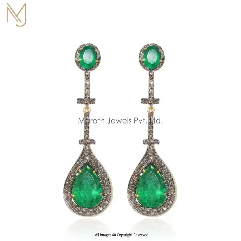 925 Silver Pave Diamond Emerald Gemstone Earrings Manufacturer