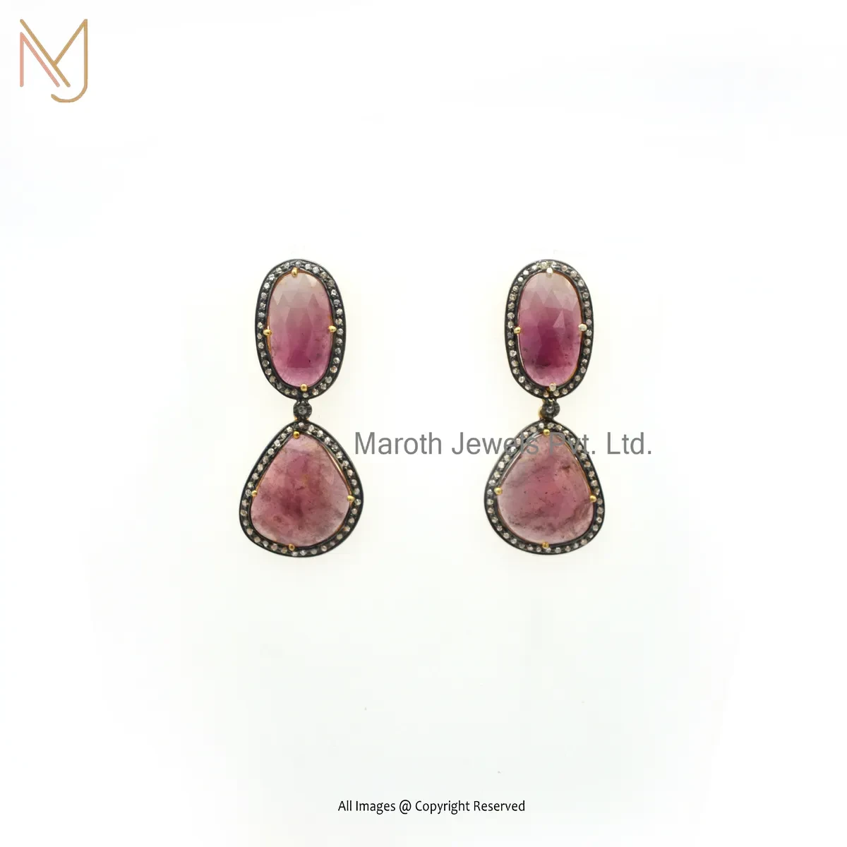 Wholesale 14K Yellow Gold Pave Diamond Pink Sapphire Gemstone Drop Earring