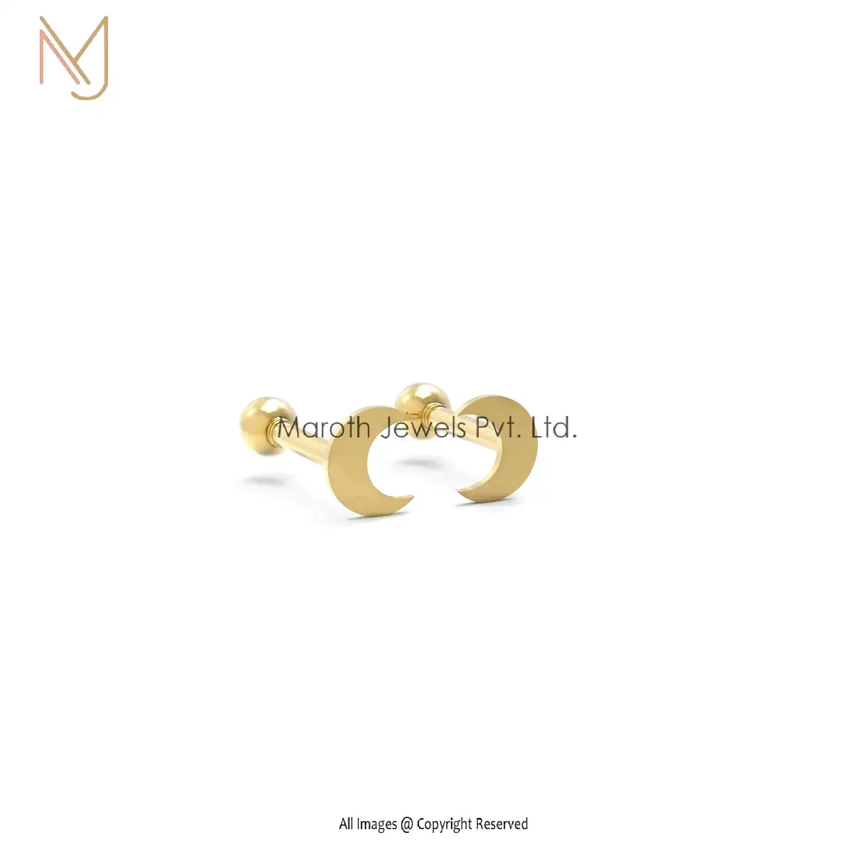 14K Yellow Gold Moon Piercing Labret Earrings Jewelry Manufacturer