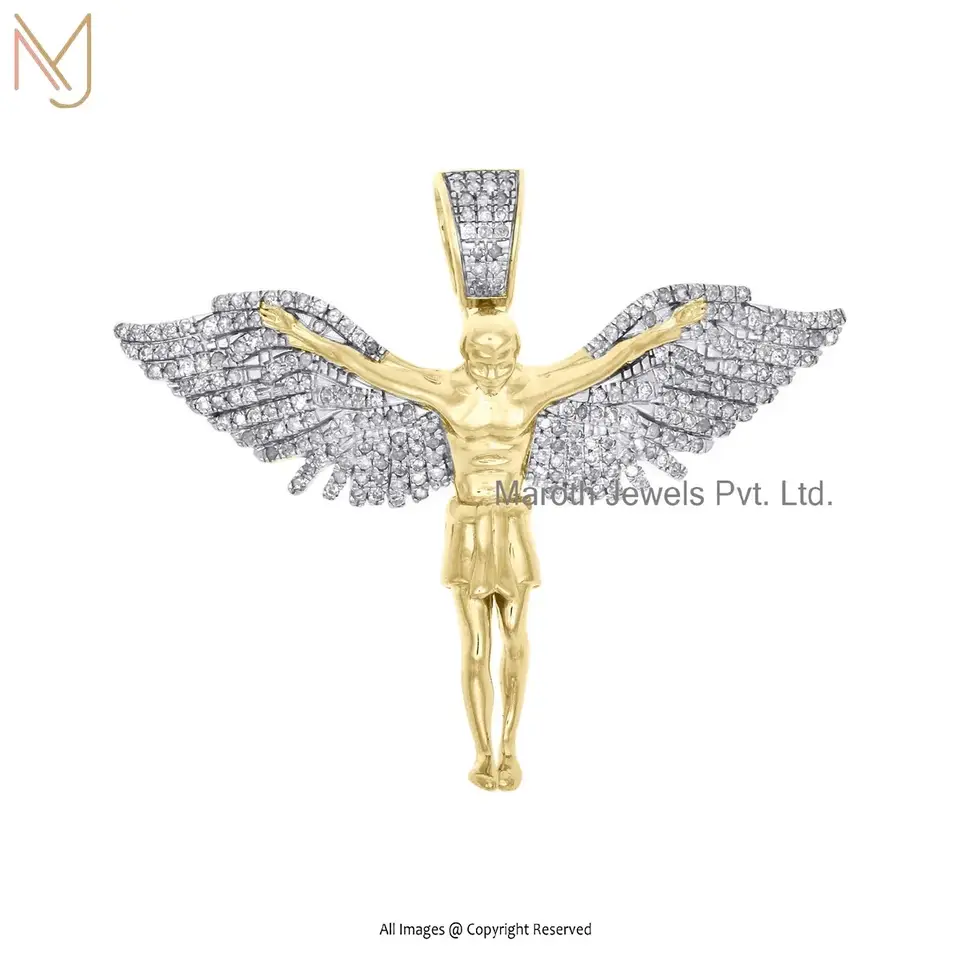 925 Silver Yellow Gold Plated Pave Diamond Flying Angel Pendant Jewelry Supplier