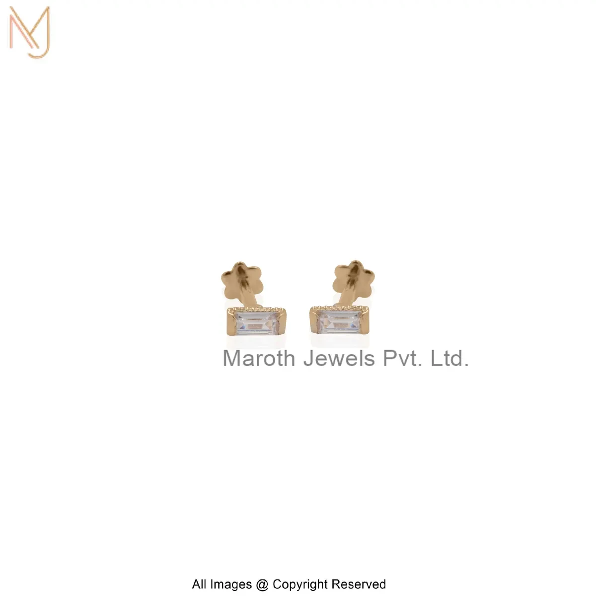 14K Yellow Gold White Topaz Baguette Stud Earring Custom Jewelry