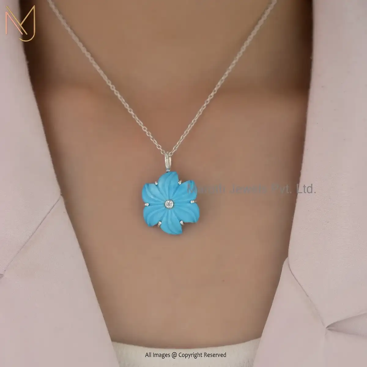 14K White Gold Turquoise And White CZ Flower Pendant Custom Jewelry
