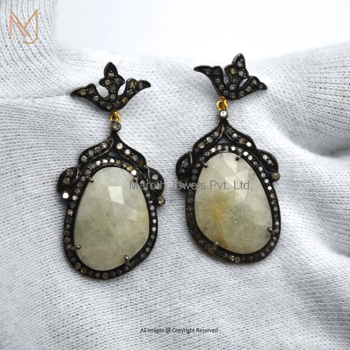 925 Silver Yellow Gold Plated Pave Diamond And Moonstone Drop Earring Custom Jewelry