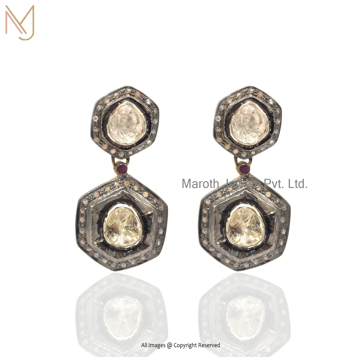 Private Lable 925 Silver Rhodium Yellow Gold Plated Pave Diamond Rose Cut Polki Diamond Drop Dangle Earring