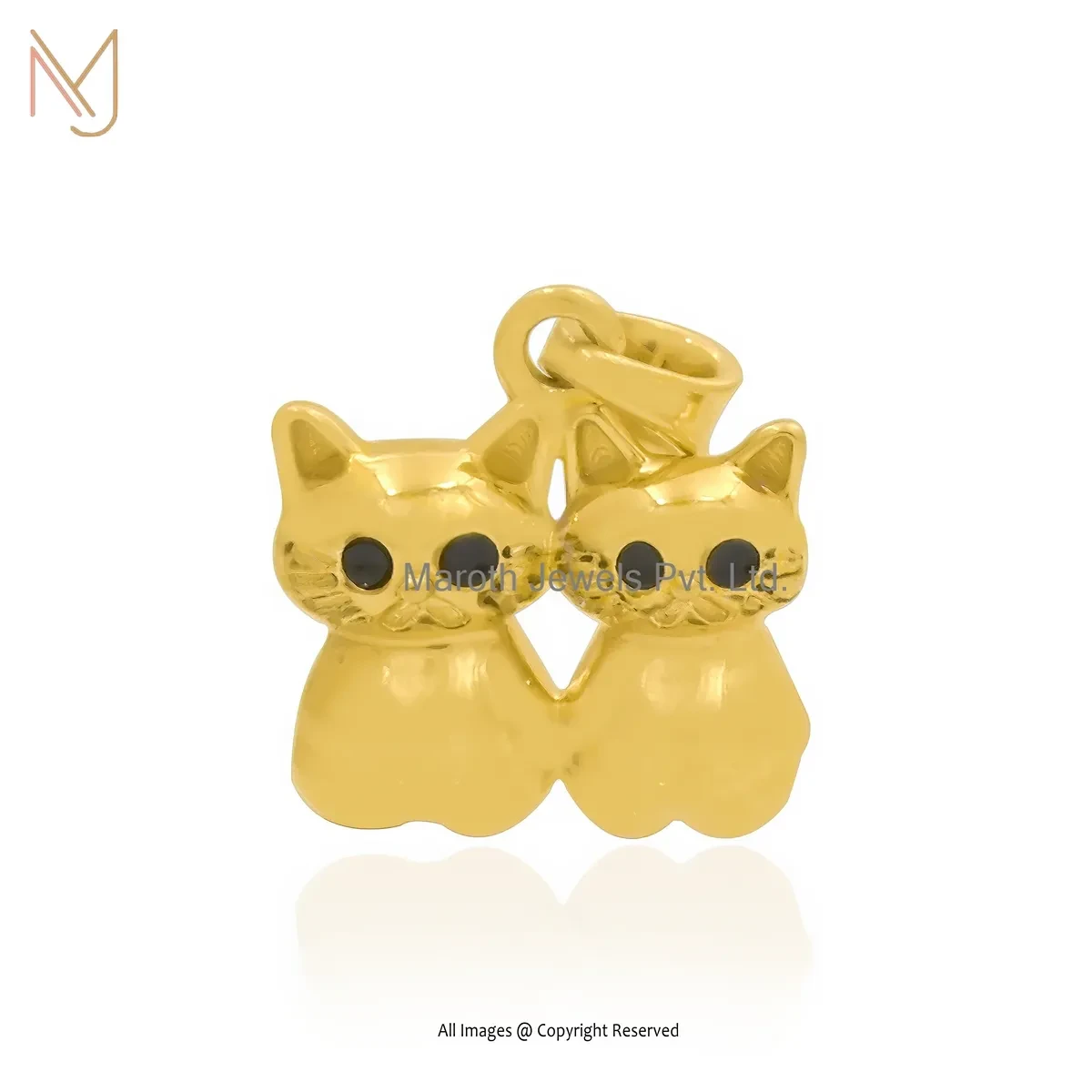14K Yellow Gold Black Enamel Cats Charm Pendant Custom Jewelry