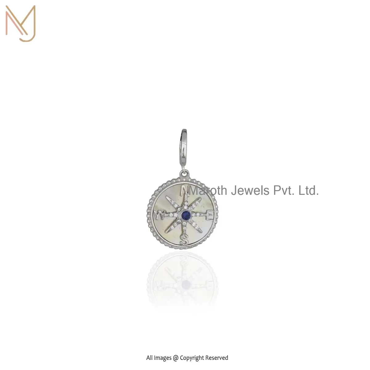 925 Silver Natural Silver Plated Cubic Zircon & Mother Of Pearl Compass Pendant Jewelry Supplier