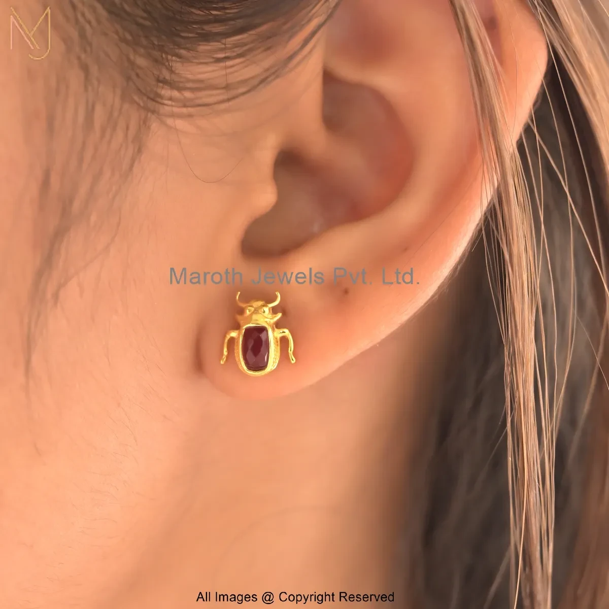 Wholesale 925 Silver Yellow Gold Plated Garnet Gemstone Scarab Red Stone Gold Finish Stud Earrings