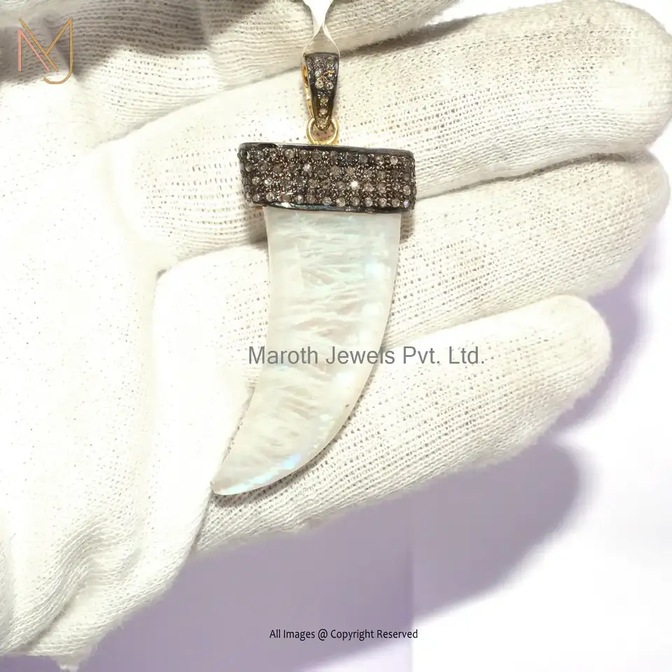 14K Yellow Gold Diamond & Rainbow Moonstone Pencil Pendant Jewelry USA