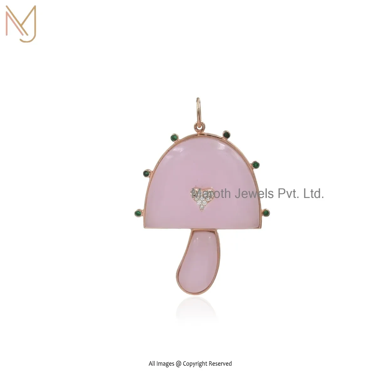 Wholesale 14K Yellow Gold Cubic Zircon & Rose Quartz Gemstone Mushroom Pendant Jewelry