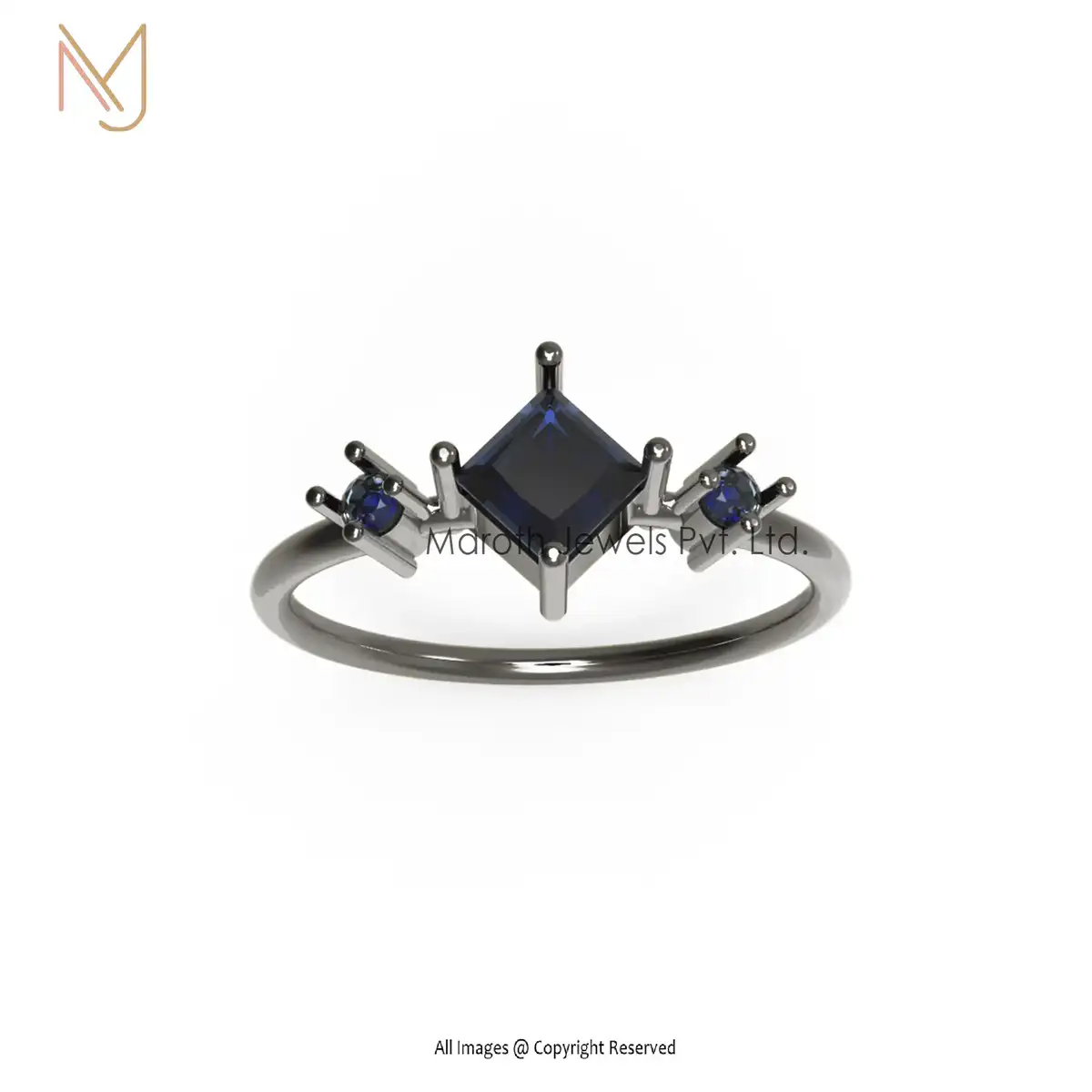 925 Silver Rhodium Plated Blue Sapphire Gemstone Ring Jewelry Manufacturer