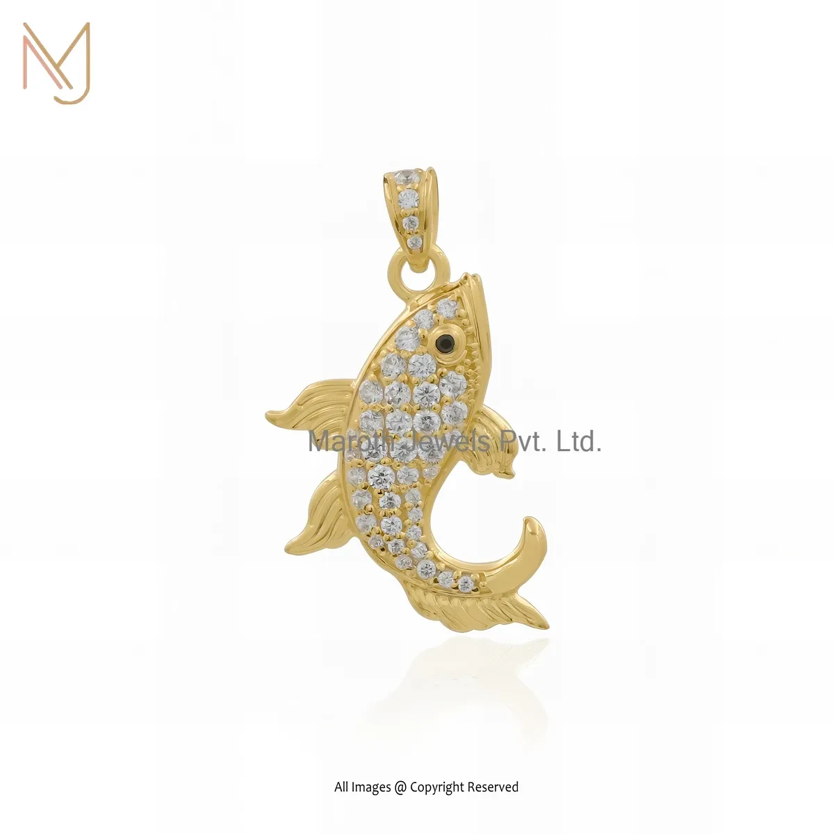 14K Yellow Gold Diamond & Black Cubic Zircon Fish Pendant Manufacturer