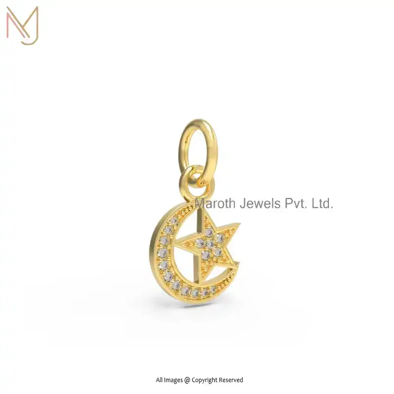 14K Yellow Gold Pave Diamond Half Moon Star Design Pendant Jewelry USA