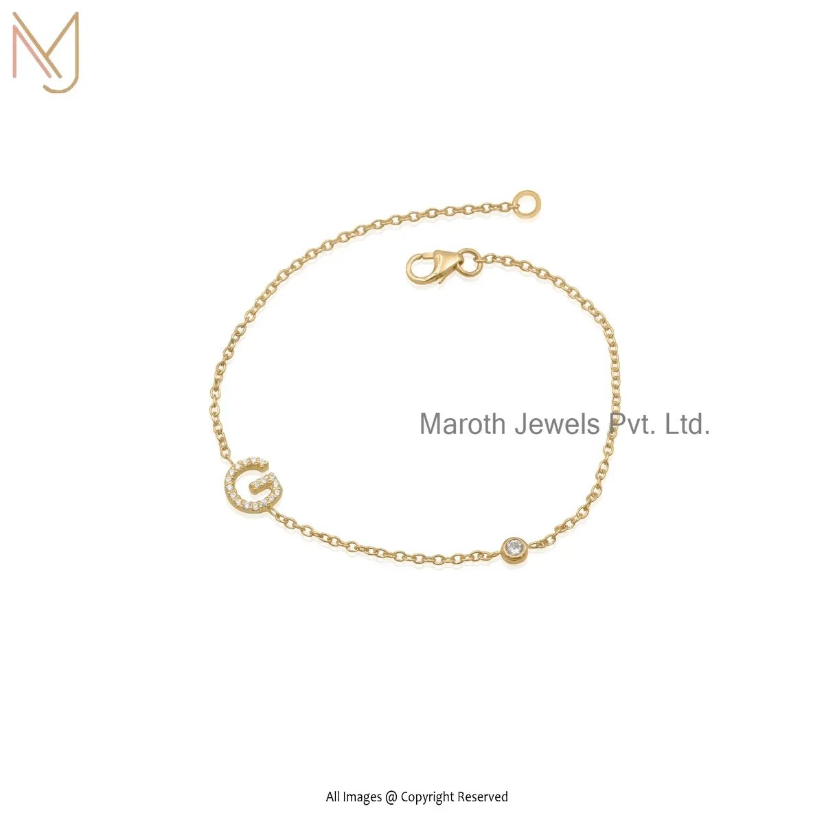 Private Lable 14K Yellow Gold Diamond & Moissanite Alphabet Initial Letter Bracelet