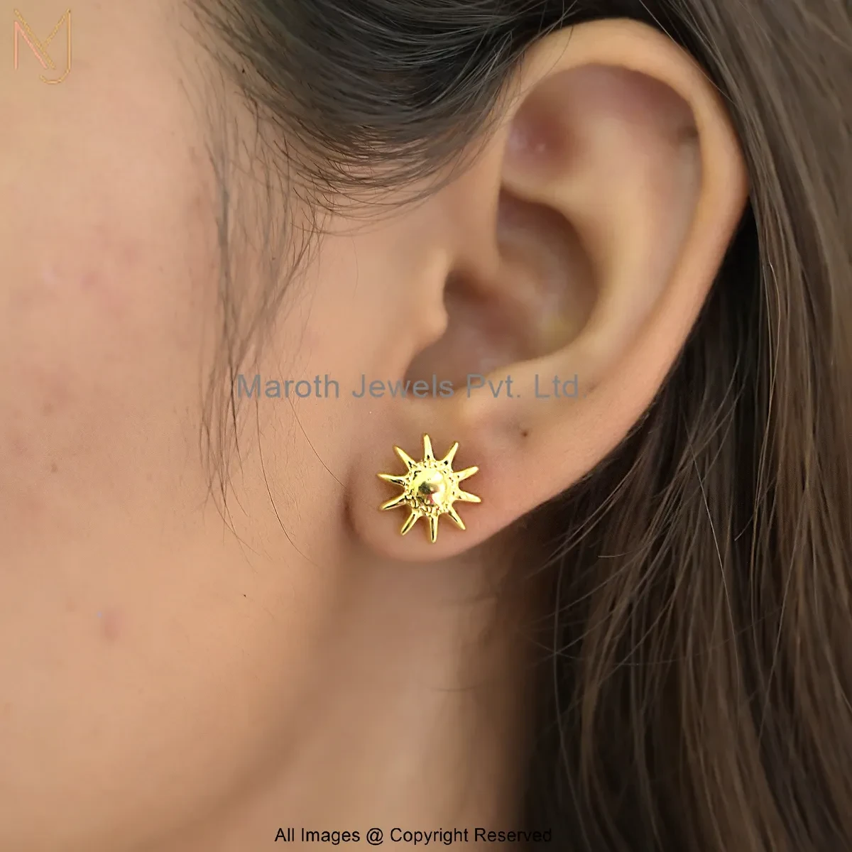 14K Yellow Gold Sun Stud Earring Custom Jewelry