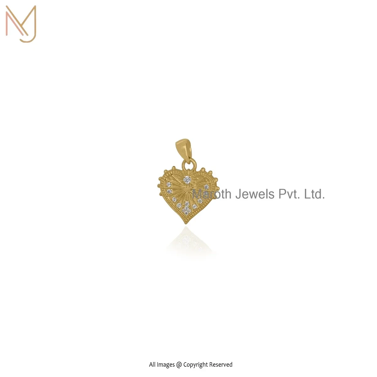 925 Sterling Silver Yellow Gold Plated Cubic Zircon Fluted Heart Pendant Custom Jewelry