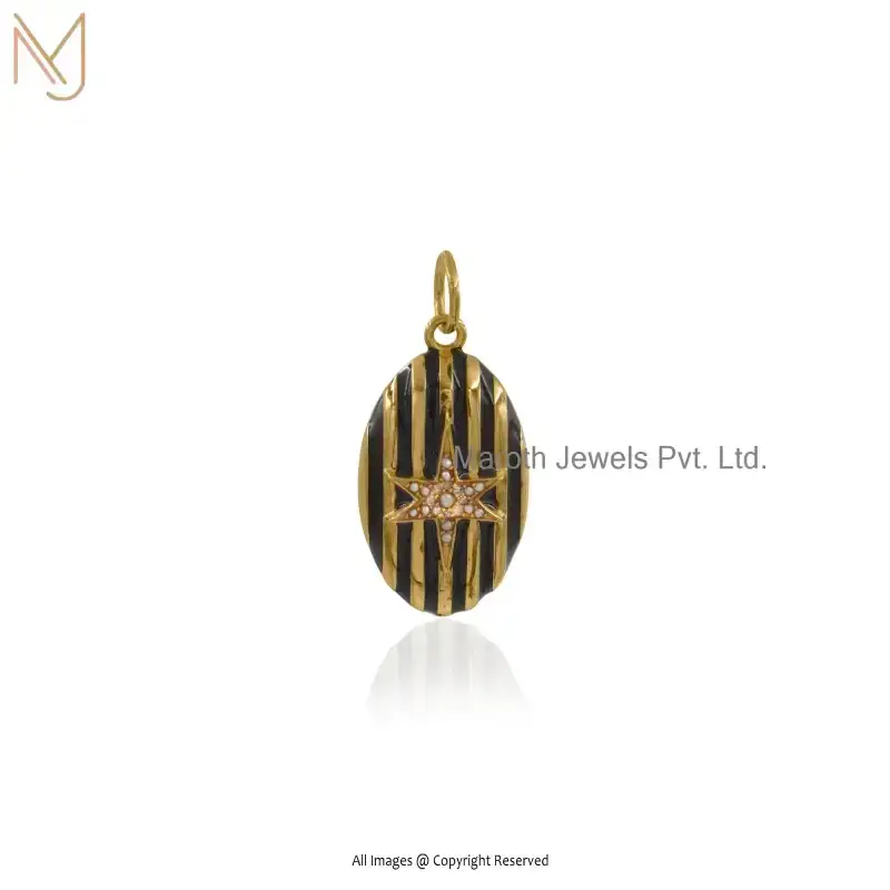 14K Yellow Gold Diamond & Pearl And Black Enamel Gemstone Storrow Star Pendant Manufacturer