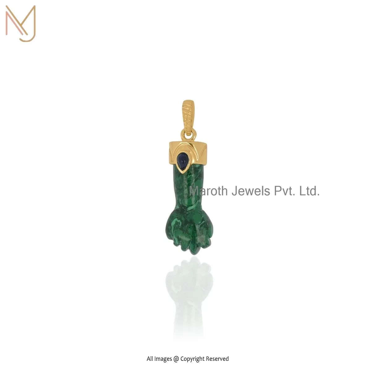 925 Silver Yellow Gold Plated Black Cubic Zircon & Malachite Gemstone Hand Charm Pendant USA