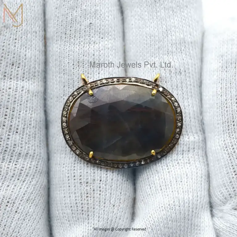 Private Lable 925 Silver Yellow Gold Rhodium Plated Diamond And Labradorite Gemstone Pendant