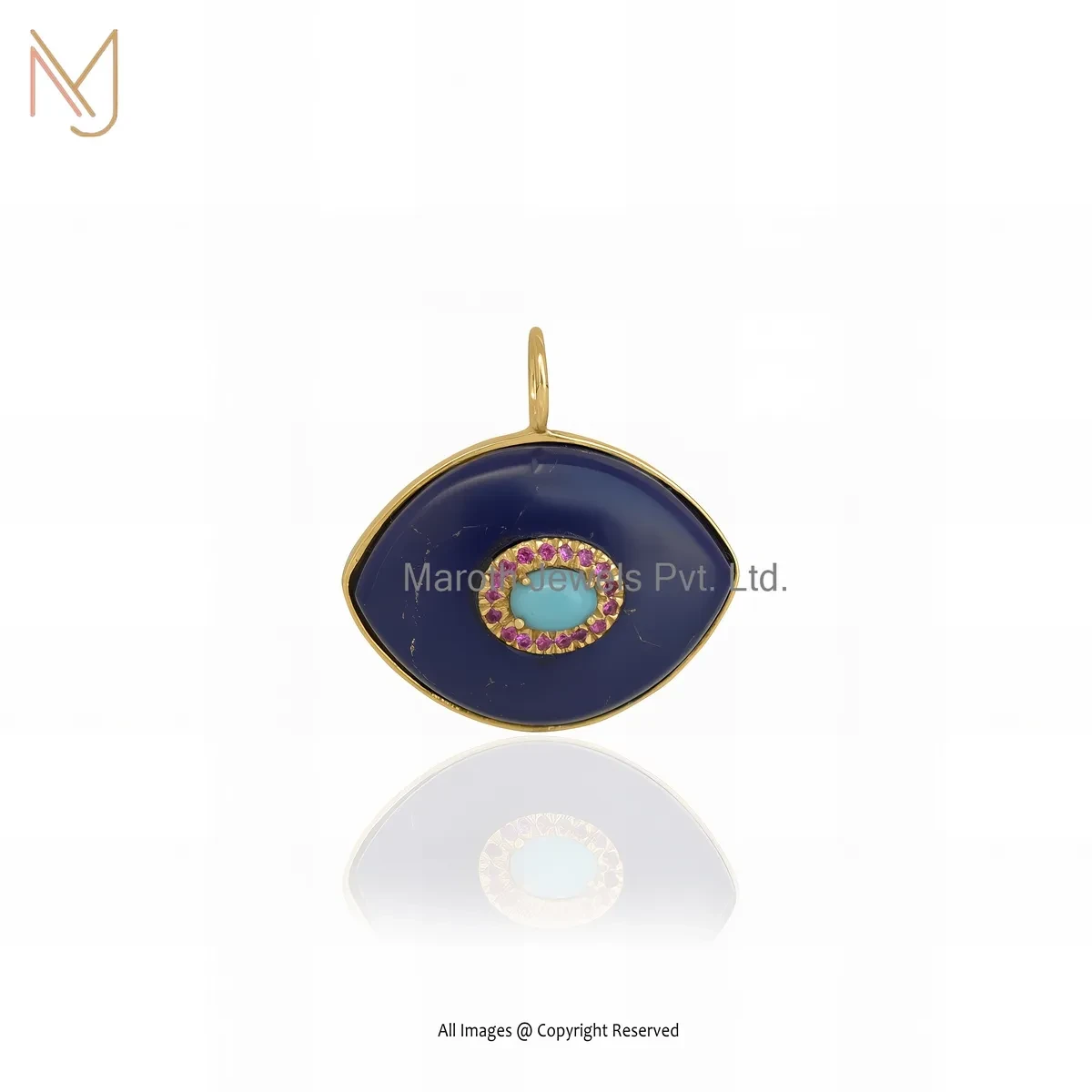 925 Silver Yellow Gold Plated Ruby Cubic Zircon And Lapiz Lazuli & Turquoise Gemstone Evil Eye Pendant USA