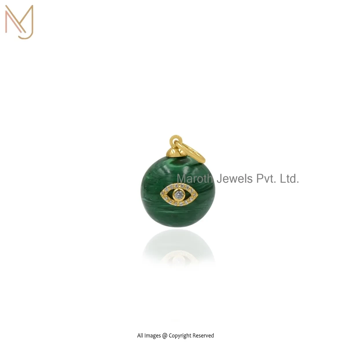 Wholesale 925 Silver Yellow Gold Plated Cubic Zircon & Malachite Gemstone Evil Eye Ball Pendant