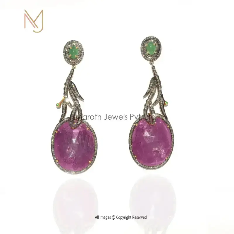 Wholesale 92.5 Silver Rhodium Yellow Gold Plated Pave Diamond Ruby Gemstone Emerald Gemstone Earrings