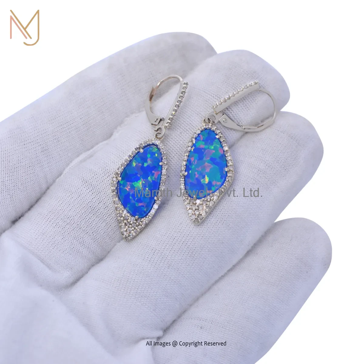 925 Silver White Gold Plated Pave Diamond Opal Gemstone Drop Earring Jewelry Supplier