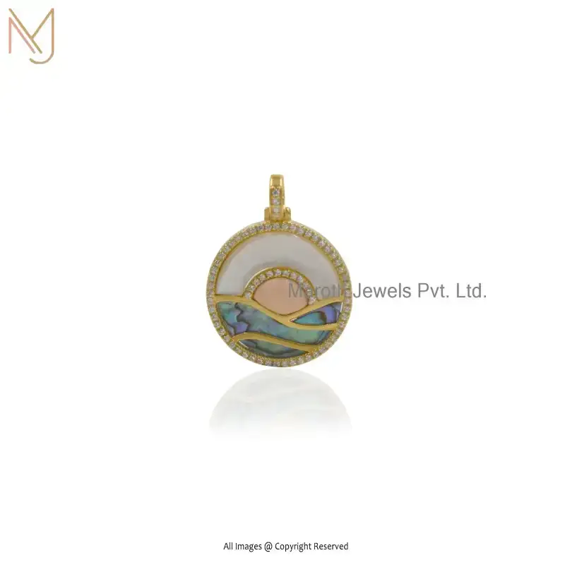 14K Yellow Gold Mother OF Pearl Pink Opal Cubic Zircon Round Gemstone Pendant Jewelry Supplier