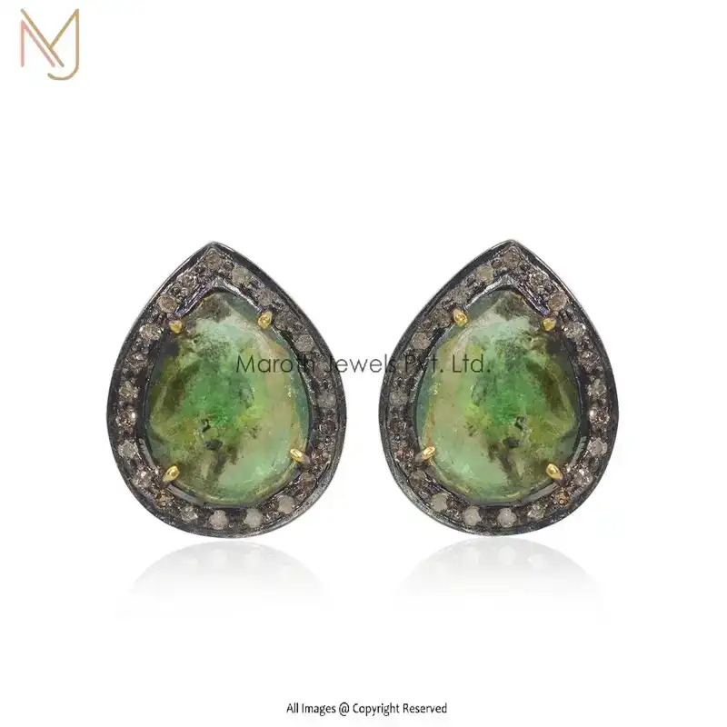 925 Silver Yellow Gold Rhodium Plated Pave Diamond Emerald Stud Designer Earring Jewelry Supplier
