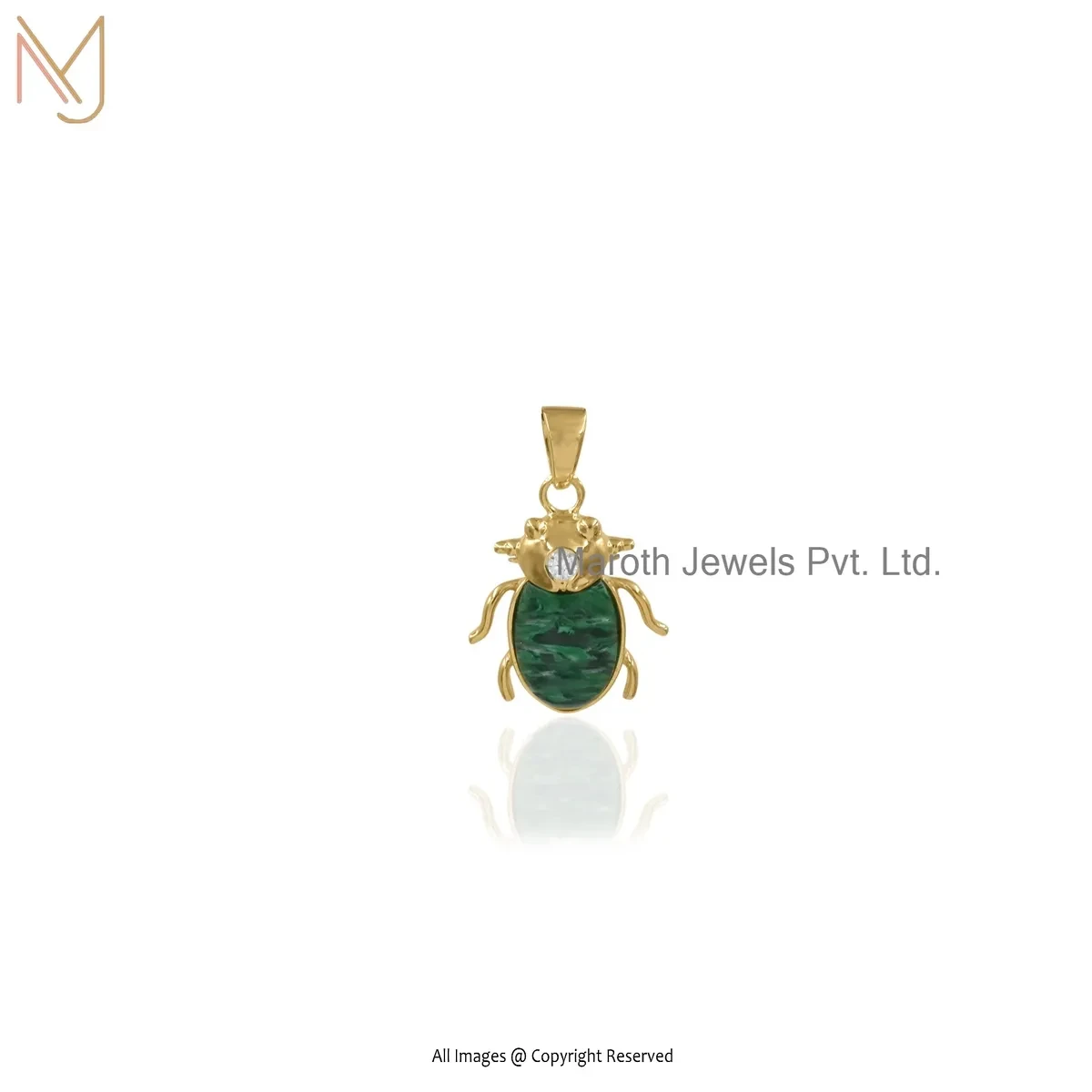 14K Yellow Gold Cubic Zircon & Malachite Gemstone Scarab Charm Pendant USA
