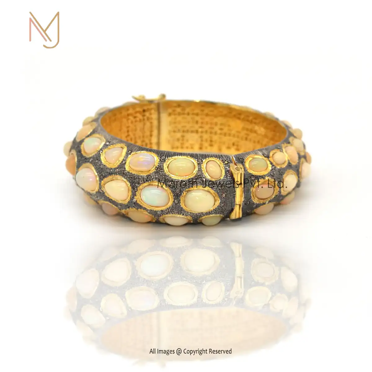 925 Silver Yellow Gold One Of Kind Pave Diamond Opal Gemstone Bangle Jewelry Manufacturer
