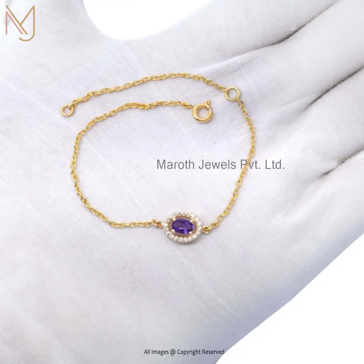 925 Silver Yellow Gold Oval Cubic Zircon & Amethyst Gemstone Chain Bracelet Jewelry USA