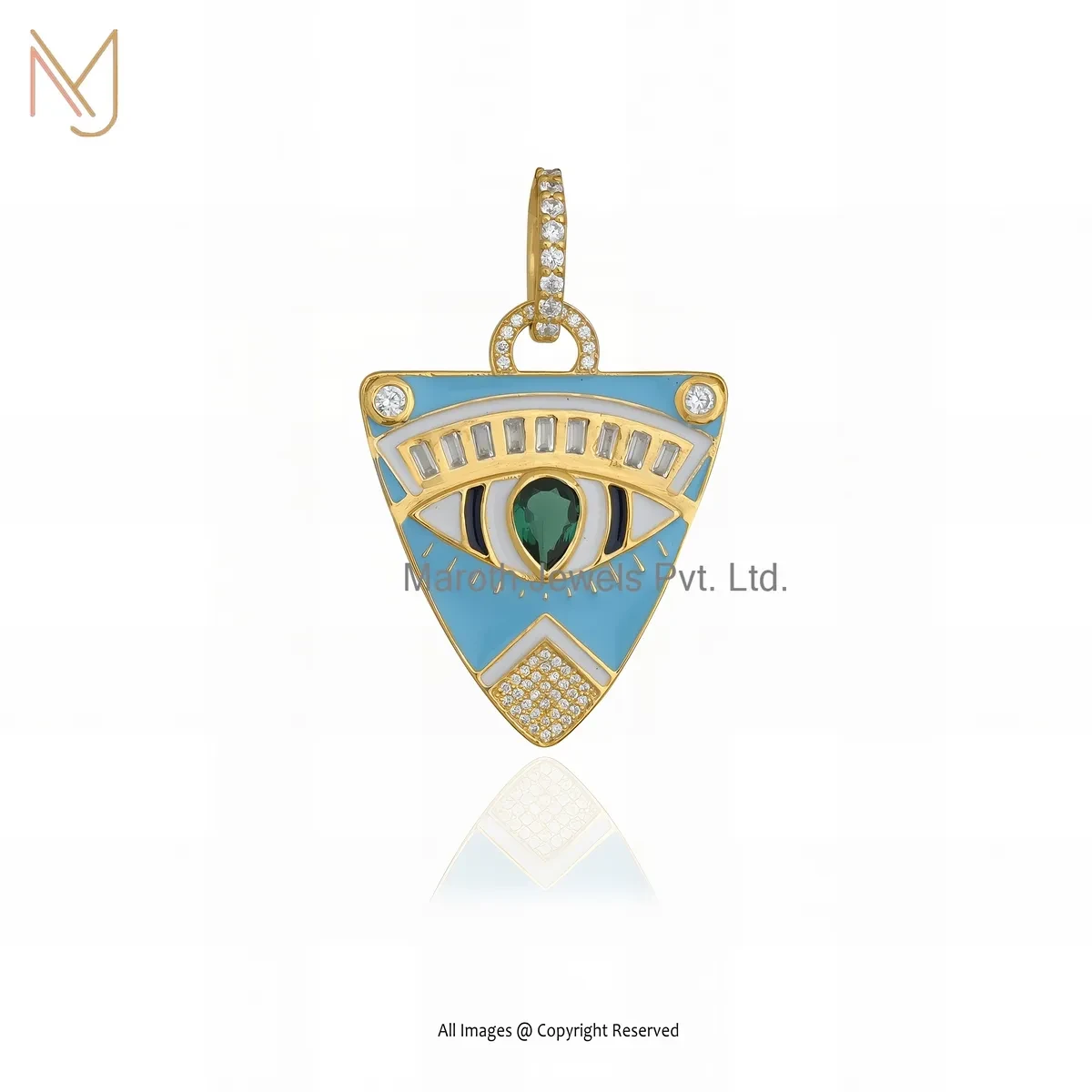 925 Silver Yellow Gold Plated Turquoise & Emerald Cubic Zircon Evil Eye Pendant USA